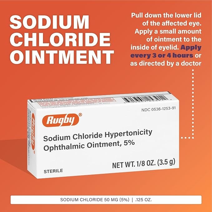Rugby Sodium Chloride Hypertonicity Ophthalmic Ointment 5% - 50 mg Sodium Chloride Eye Ointment for Temporary Corneal Edema Relief - Made With Lanolin and Mineral Oil - Alcohol-Free - 0.125 Oz(3 Pack)